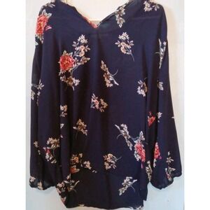 FUN2FUN Navy Blue Floral Print Blouse Top 3/4‎ Sleeve Boho Stretch SX 3X